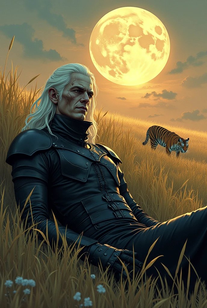 Male necromancer scarred skinny black leather armour long white hair resting in high grass young tiger harvest moon art deco style