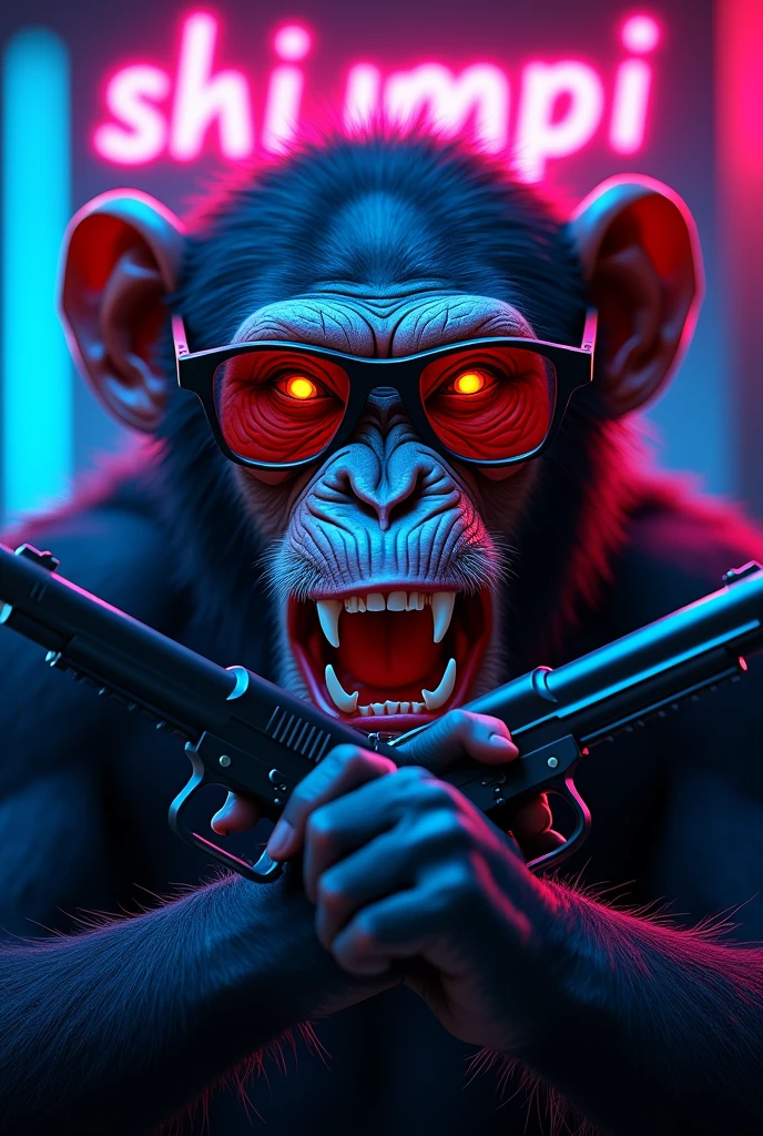 "An aggressive chimpanzee in cyberpunk style, shown only with the head. He wears futuristic glasses and has an angry facial expression with bared teeth. Two handguns are crossed in front of him, that look modern and threatening. The background is dark with glowing neon lights, that underline the cyberpunk look. The name 'Original Schimpi' is placed in a bright neon font above or below the picture. The scene is kept in intense colors, with dominant blue tones and violet lights, which emphasize the futuristic and aggressive character."