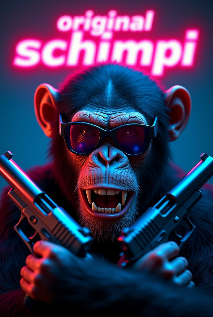"An aggressive chimpanzee in cyberpunk style, shown only with the head. He wears futuristic glasses and has an angry facial expression with bared teeth. Two handguns are crossed in front of him, that look modern and threatening. The background is dark with glowing neon lights, that underline the cyberpunk look. The name &#39;Original Schimpi&#39; is placed in a bright neon font above or below the picture. The scene is kept in intense colors, with dominant blue tones and violet lights, which emphasize the futuristic and aggressive character."
