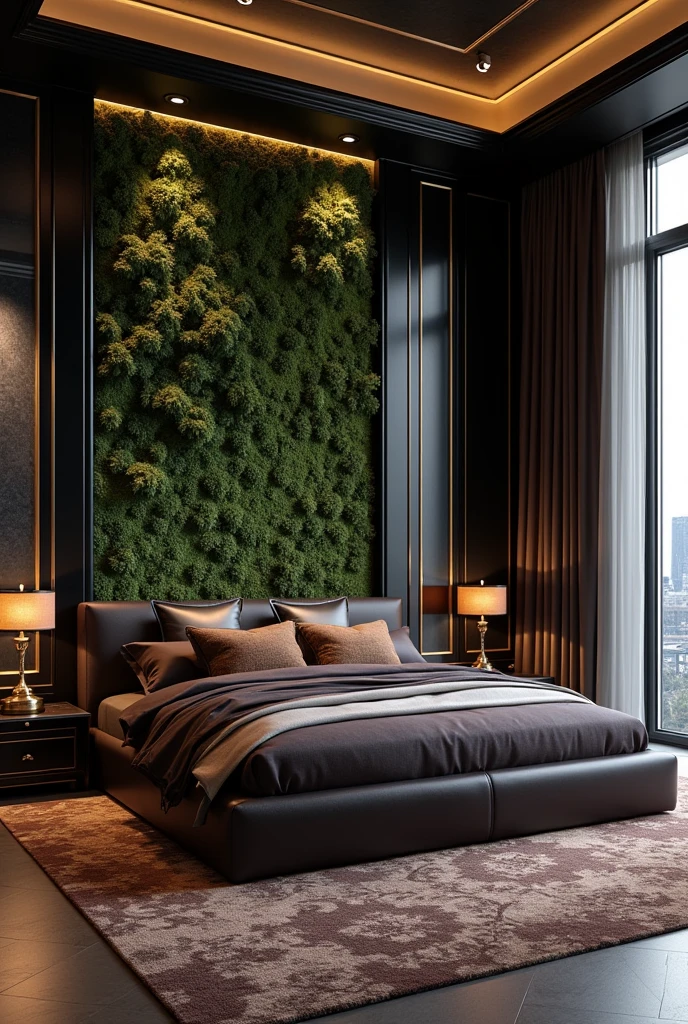 Professional 3d architecture rendering design of modern and so   Shiny Dark moss and  shiny  Dark Thunder and dark  wooden  and  shiny dark violet  And dark gold French design for bedroom  and   Brown Persian  silk carpet and white painting wall and modern ceiling lighting and modern windows and elegant curtains and light cream painting wall 