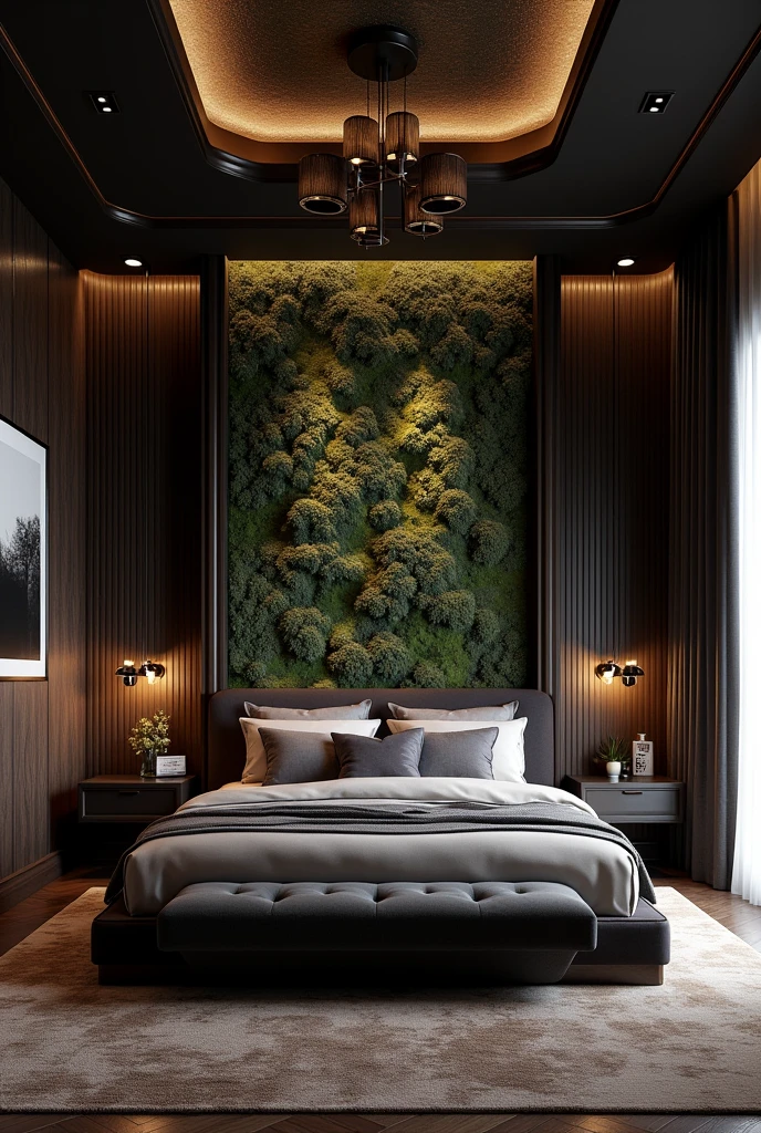 Professional 3d architecture rendering design of modern and so Shiny Dark moss and shiny Dark Thunder and dark wooden and shiny dark violet And dark gold French design for bedroom and Brown Persian silk carpet and white painting wall and modern ceiling lighting and modern windows and elegant curtains and light cream painting wall