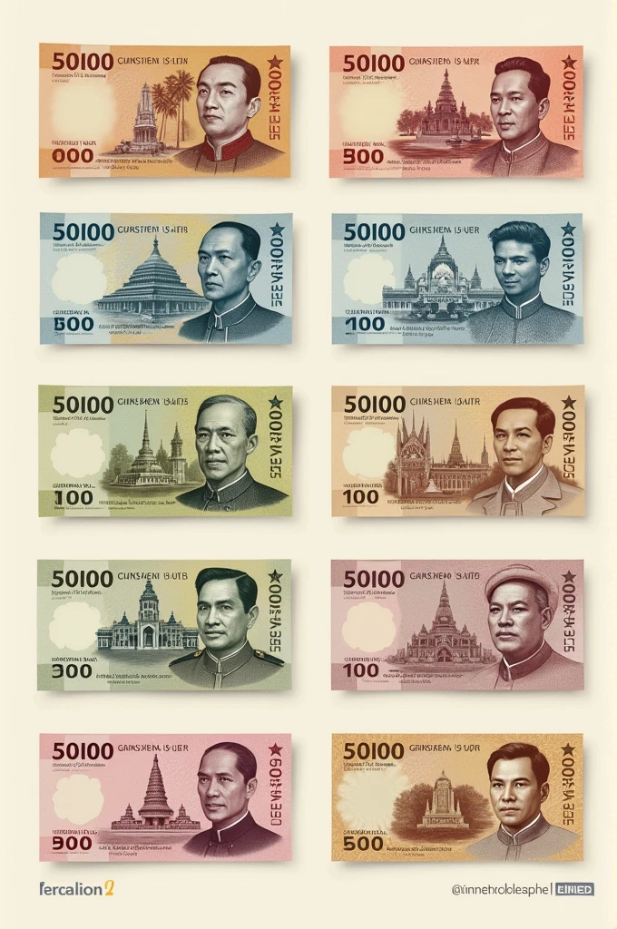 I wanna make my own banknotes for 100, 200, 500, 1000, 5000, 10000, 50000 RISES as usual, in different colors. At the front side of 15.5 cm x 6.9 cm of notes, General Aung San pic  will appear with the value, and at the back, different Myanmar’s popular places will appear. Note; white watermark is at the left side of front view, and if couse at the right side of back mote. Make them in one sheet as a professional.