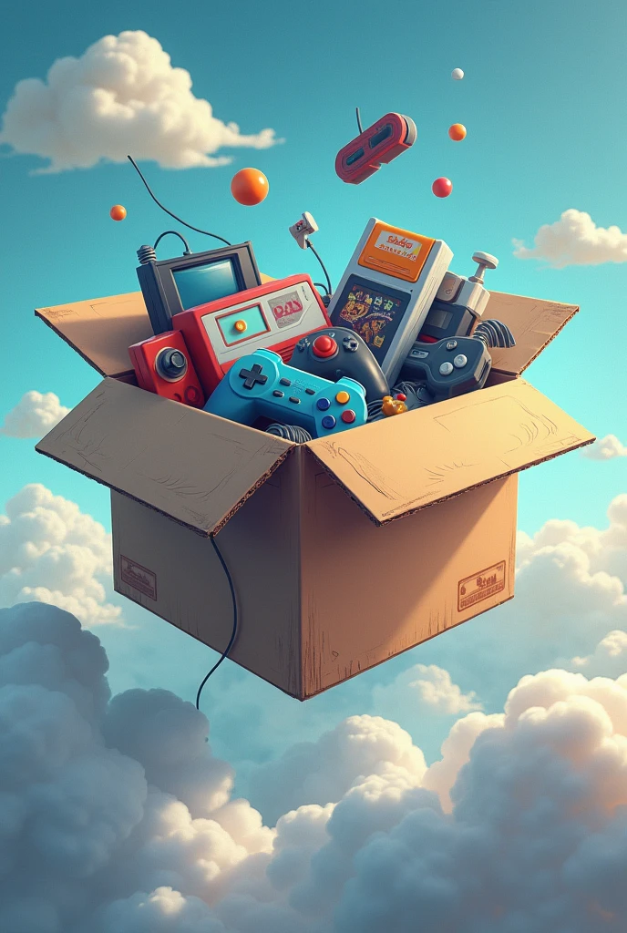 create a logo with electronic games inside a cardboard box in the clouds