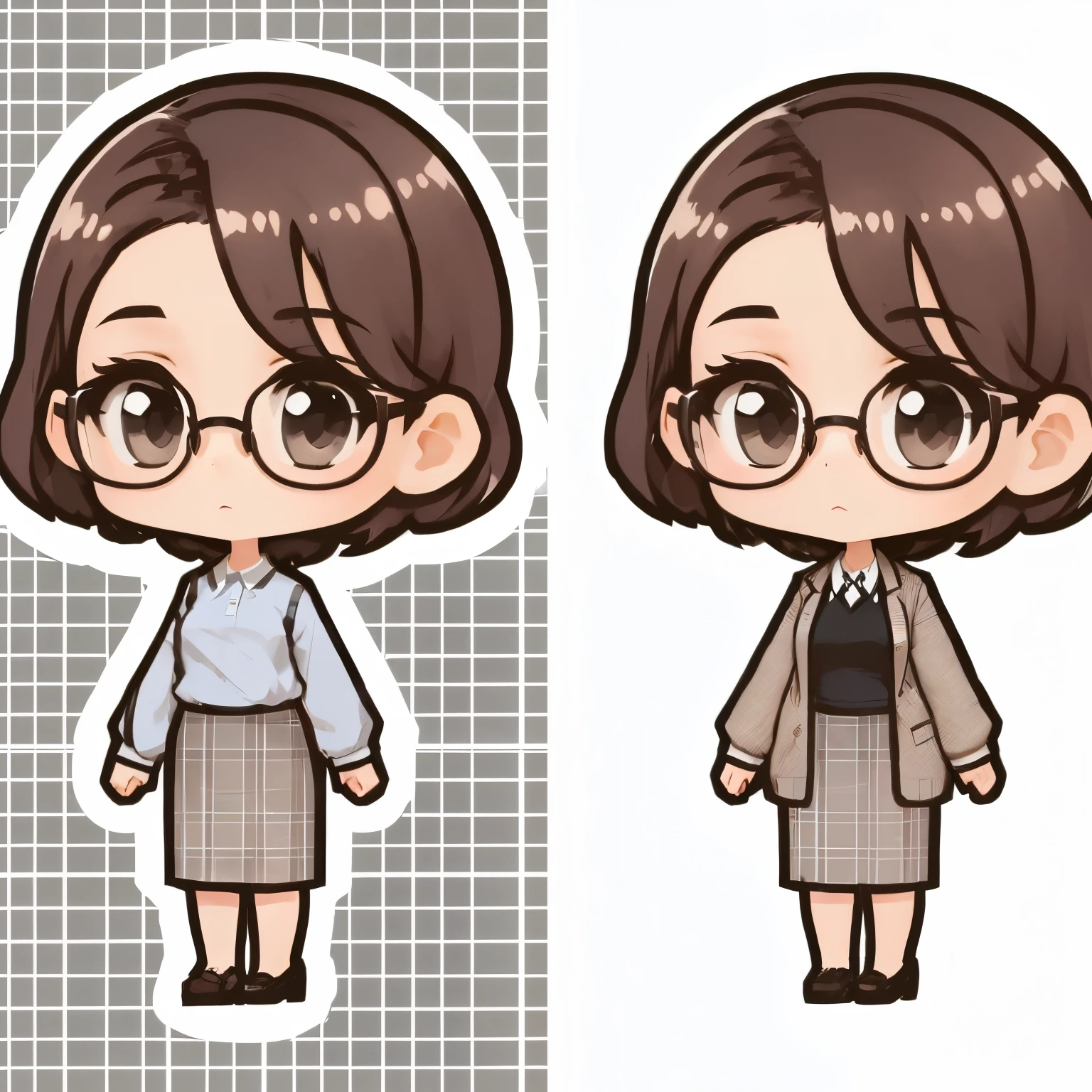 A girl with glasses and a skirt, One character's whole body, Full-length portrait of a character, Short Hair, Cute Characters, Single character, Chibi Style, Anime-style characters, Full body character, flat anime style, Chibi Girl, Anime Moe Art Style, Official character illustration, Cute art style, Mr.々A pose, Full body character design, Nendoroid-like style