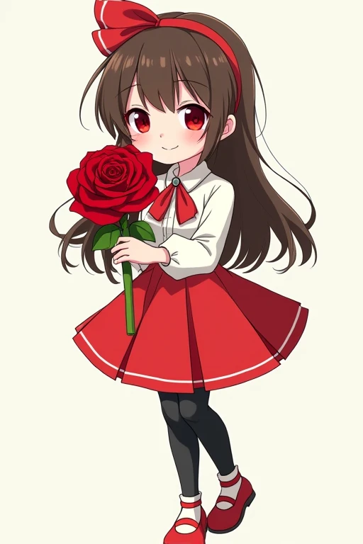 A deformed illustration of a cute anime girl with long brown hair, red eyes, wearing a white dress shirt with a red handkerchief-shaped ribbon, a red skirt, black socks, and red shoes with white areas, smiling gently and holding a red rose in both arms as she offers it to me.