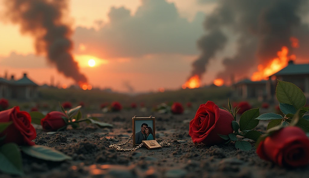 2024; (masterpiece, best quality) destroyed farms roses on the floor; flowers on the ground; small necklace with a small photo of a couple a love heart Down(close-up); bombs falling from the sky.; fire around.