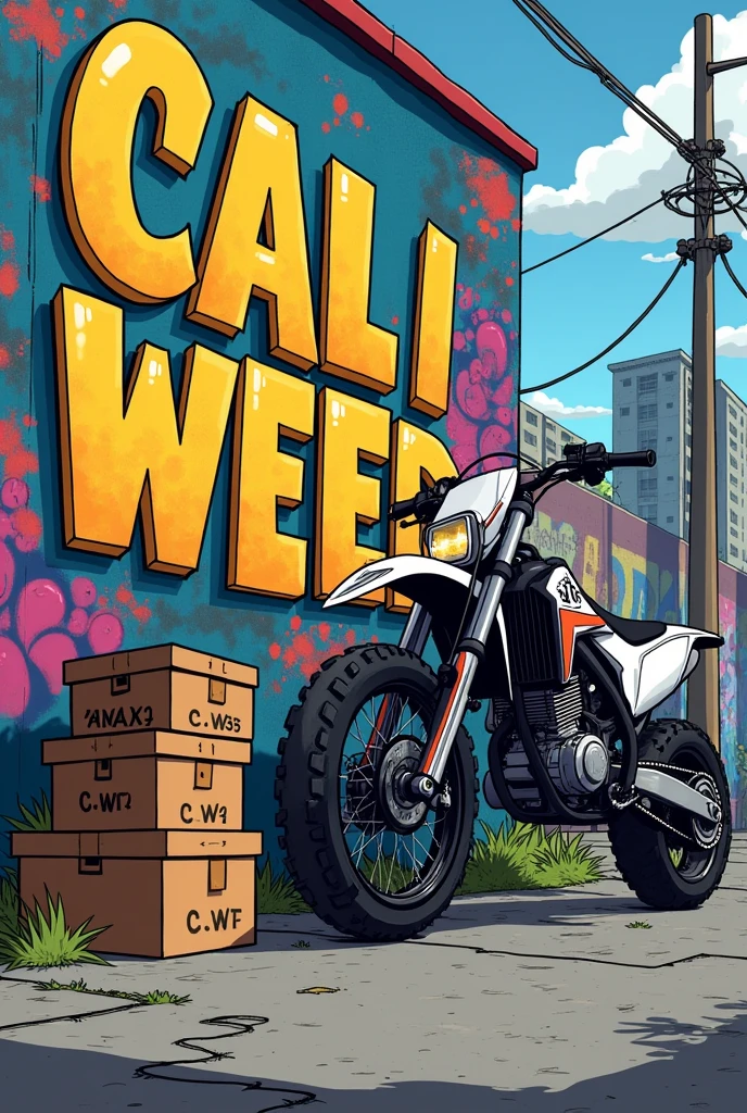 springfield avec un mur ou il y'a tagé Cali Weed35 et contre le mur une moto cross yamaha avec avec 3 boites marron ou il y'a ecrit C.W en cartoon