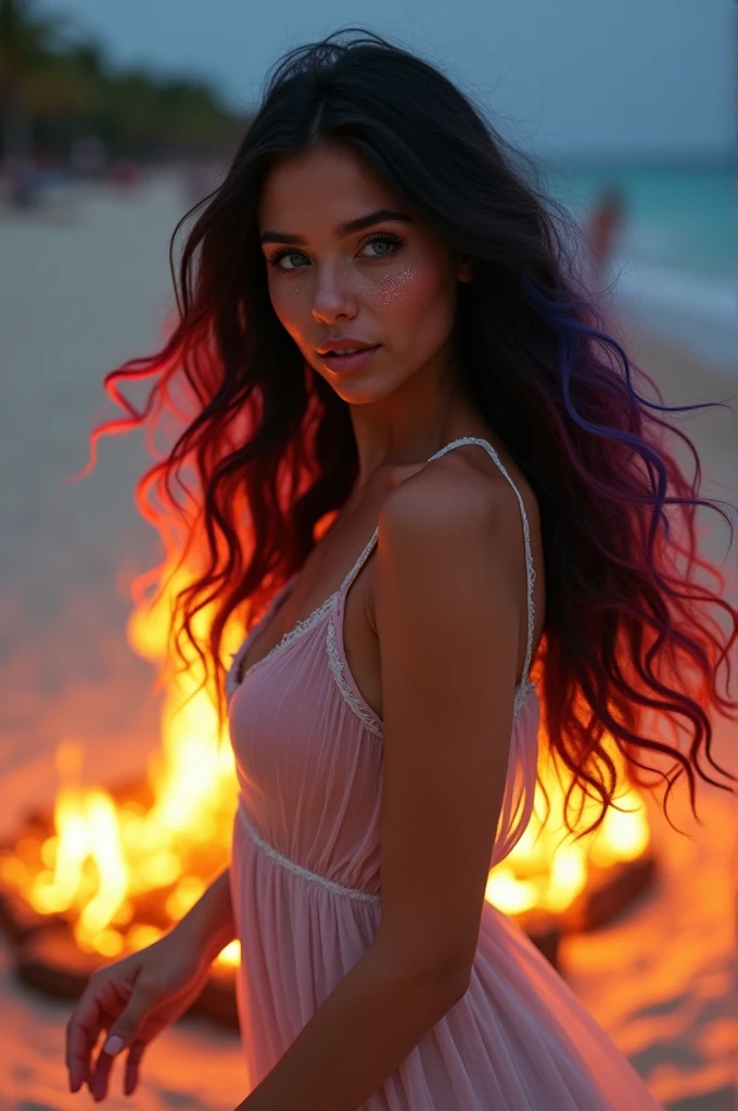 Full view dancing round the bonfire in a beach dress Full view 8k southern tanned female with long black wavy hair with red and blue through the tips highlights going through, soft clear skin, blue eyes, long lashes, wearing glittery makeup,