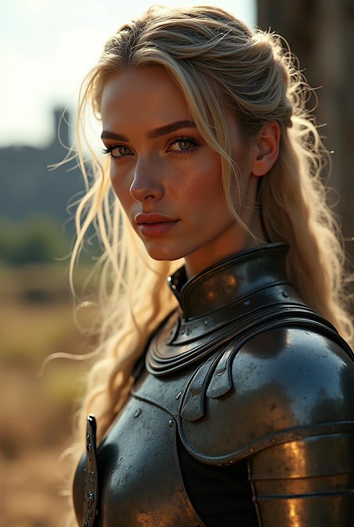 (masterpiece), (extremely intricate:1.3), (realistic), portrait of a girl, the most beautiful in the world, (medieval armor), metal reflections, upper body, outdoors, intense sunlight, far away castle, professional photograph of a stunning woman detailed, sharp focus, dramatic, award winning, cinematic lighting, octane render unreal engine, volumetrics dtx, (film grain, blurry background, blurry foreground, bokeh, depth of field, sunset, motion blur:1.3), chainmail
