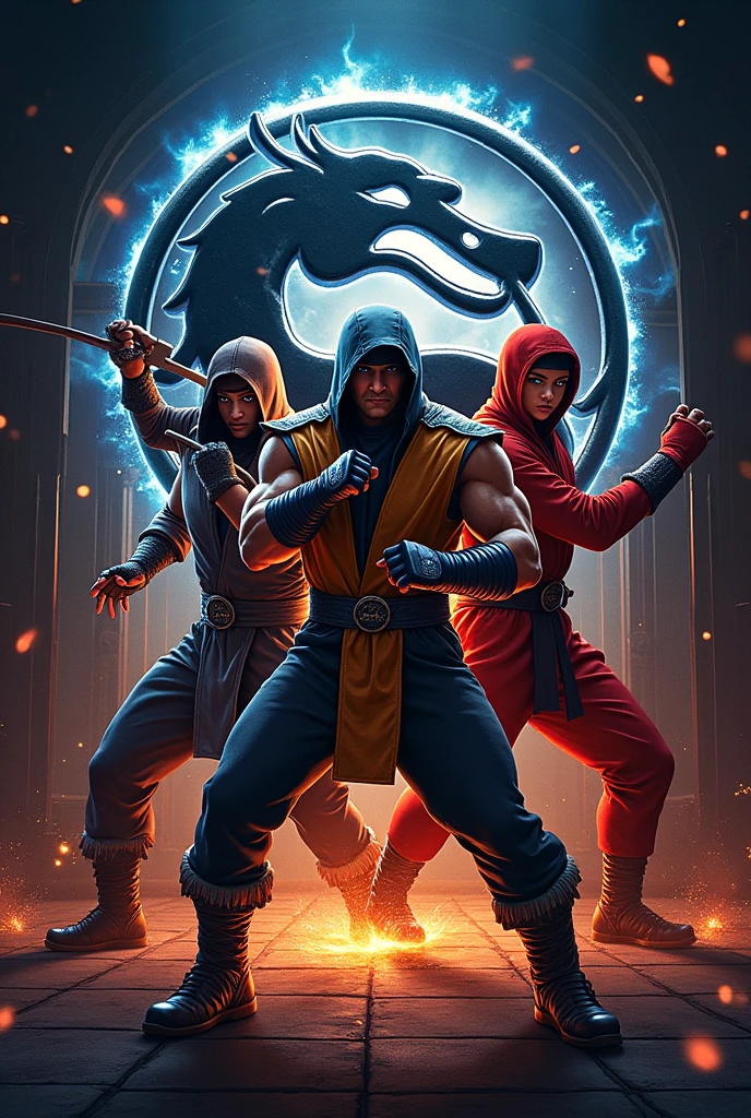 "Por favor, create a classic 'Mortal Kombat 3' wide poster. On the poster, include iconic elements like the dragon logo, the classic 'Subway' arena, and the main characters like Sub-Zero, Scorpion and Liu Kang in their most recognizable fighting poses. The background should have dark and sinister tones., with sparks and lightning effects. The visual style should be reminiscent of 90s art, with vibrant colors and a touch of pixel art."