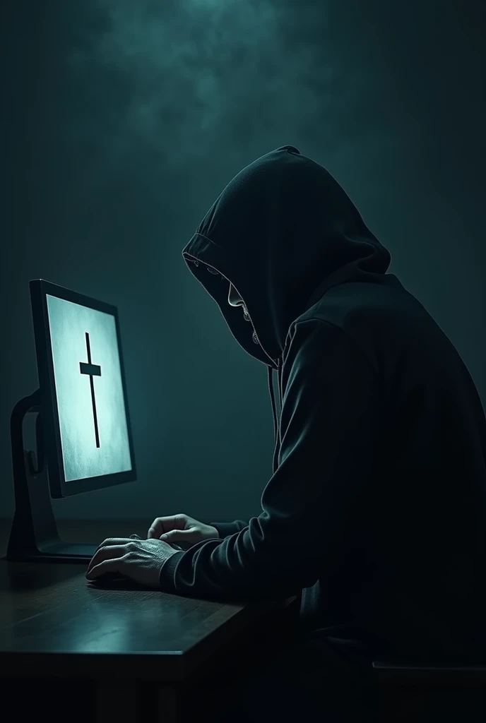 a man in a hood in a dark room in front of a computer on the computer screen there must be a Christian cross