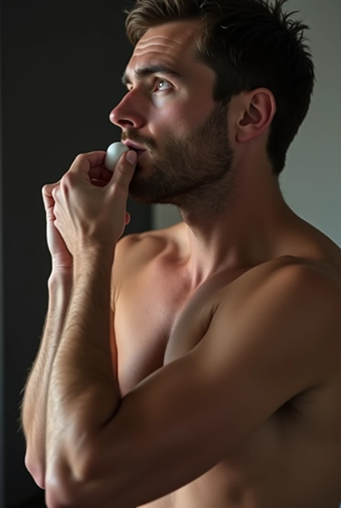 Naked man masturbating while sucking penis