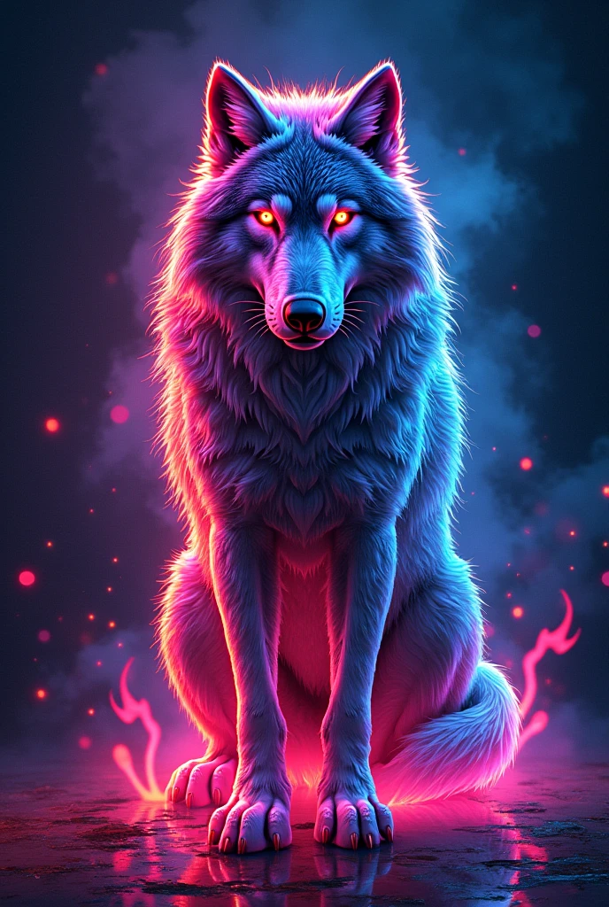 A white T-shirt . It has a picture of a neon wolf with neon fire lights