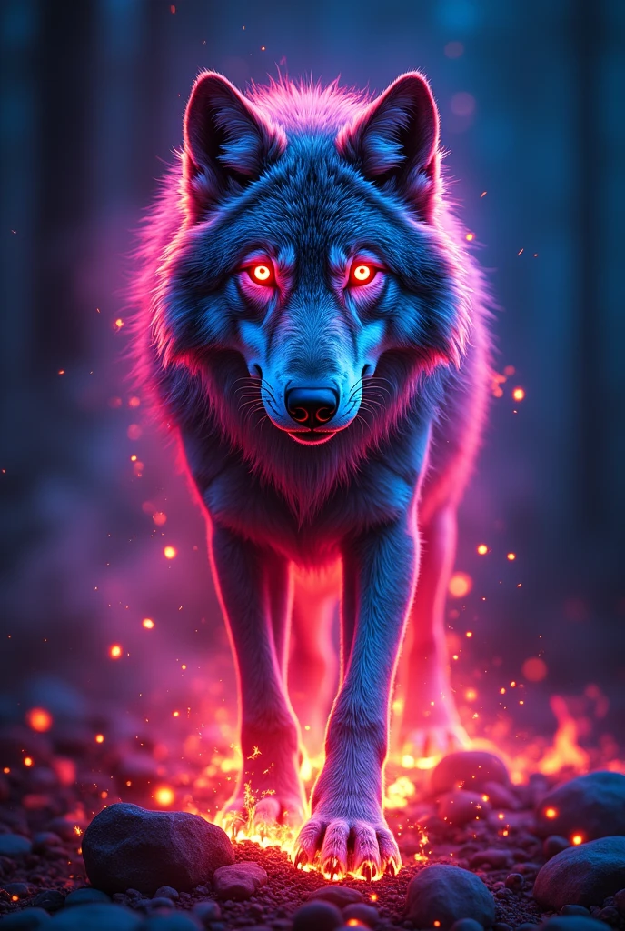 A white T-shirt . It has a picture of a neon wolf with neon fire lights