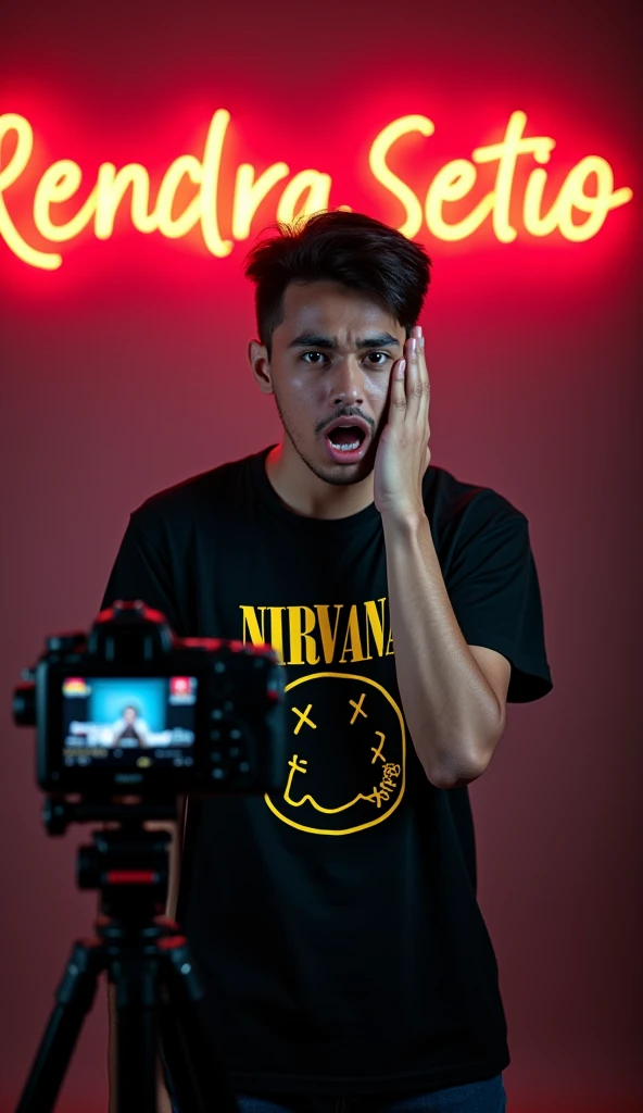 original photo. young man with an Indonesian face. hand on cheek, expression shocked, mouth open, eyes bulging. looking at the camera. wearing a black nirvana t-shirt. in front of the camera and tripod as if you were live streaming in a professional studio with a gaming chair. The back wall has the name "RENDRA SETIO" written in neon writing. the room looks aesthetic. Ultra-realistic 8K photos, taken with Leica Q2, strong color contrast and sharp clarity --ar --quality 2 --
