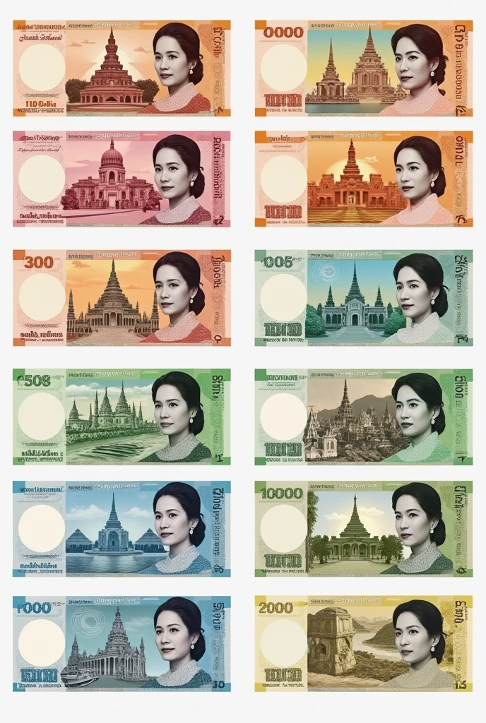I wanna make my own plastic banknotes for 100, 200, 500, 1000, 5000, 10000, 50000 RISES as usual, in different colors. At the front side of 15.5 cm x 6.9 cm of notes, young Daw Aung San Su Kyi pic will appear with the value, and at the back, different Myanmar’s popular places will appear. Note; white watermark is at the left side of front view, and if couse at the right side of back mote. Make them in one sheet as a professional.