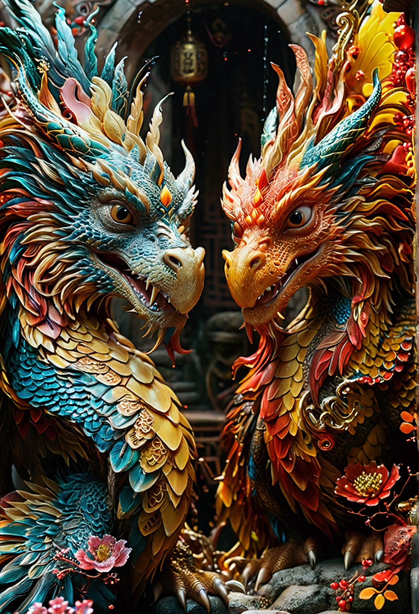 Combining the elements of dragon and phoenix in traditional Chinese culture, create a work of auspicious dragon and phoenix, using symmetrical composition or interactive scenes to showcase the complementary relationship between the two. Beautiful cinematic lighting, surreal, color graded, dynamic movement, captivating chiaroscuro, full body, award-winning, cinematic still, emotional, vignette, dynamic, vivid, (masterpiece, best quality, photorealistic, Professional, perfect composition, very aesthetic, absurdres, ultra-detailed, intricate details:1.3)