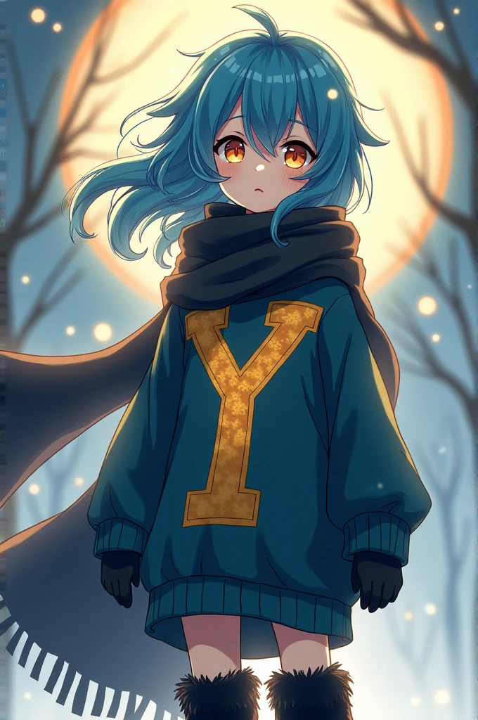 Anime style boy with long blue hair, almost orange yellow eyes with a sweater that reaches to his feet with black furry boots, the black sweater with a black scarf and with a yellow and golden colored y in the middle of the sweater