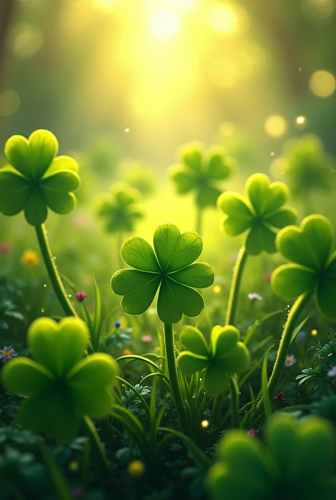 A picture with many three leaf clovers and the four leaf clover is hidden somewhere