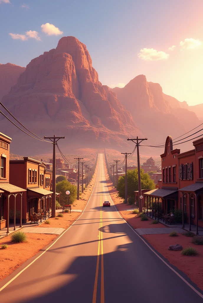 
create the main scenario of radiator springs, with the highway in a straight road,
 the mountain in late afternoon tones without the cars, just scenery 