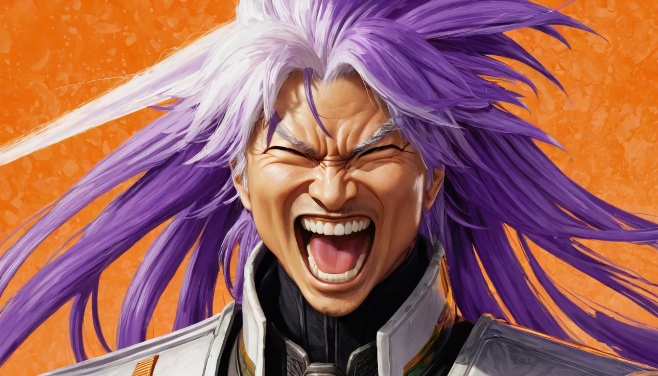 General Raiden, Purple Hair, close your eyes, laughing, Open your mouth, Orange background, Portraiture