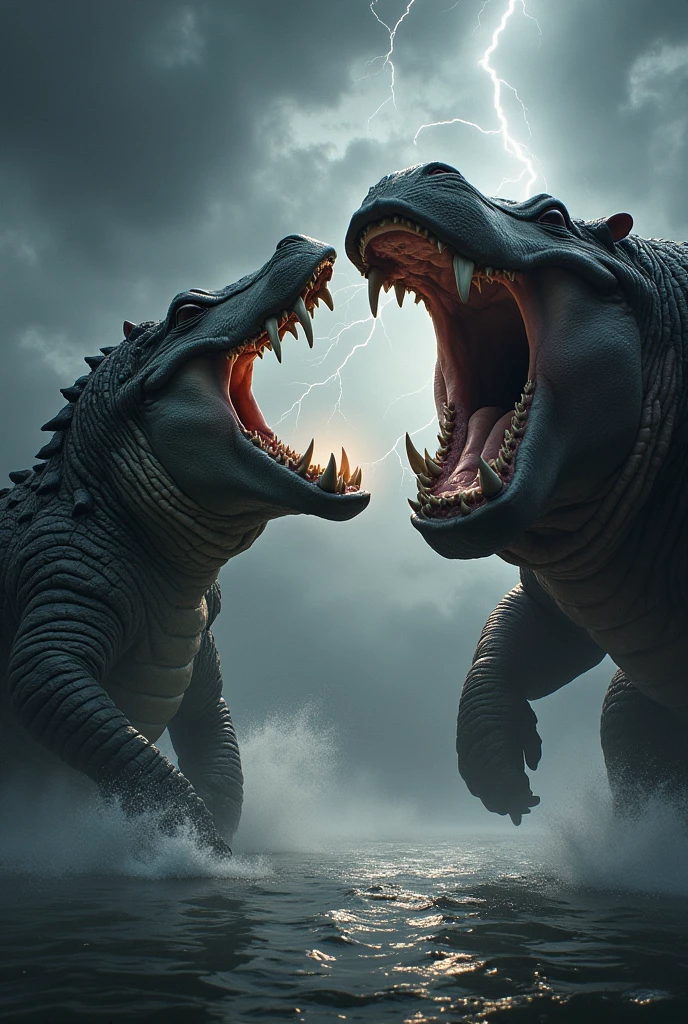 Fat black hippo screams thunder and fat crocodile screams thunder