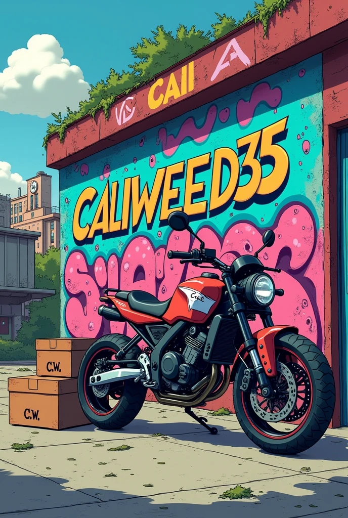 springfield avec un mur ou il y'a tagé Cali Weed35 et contre le mur une moto cross yamaha avec avec 3 boites marron ou il y'a ecrit C.W en cartoon