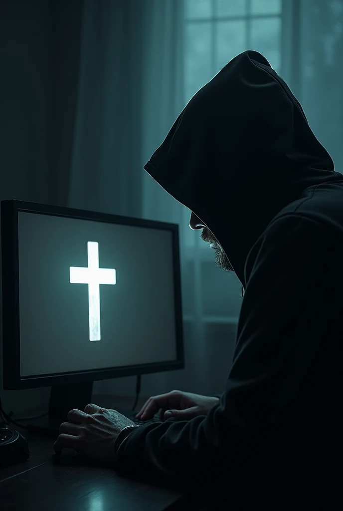 a man in a hood in a dark room in front of a computer on the computer screen there must be a Christian cross