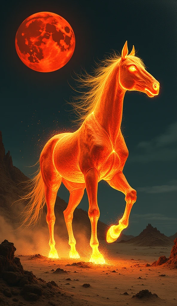 Pre-Raphaelite, painting by Edmund Blair Leighton of a mutant horse made of flames and volcanic ash. It's walking through a desert in a dark world with a black sky. There's a red moon in the background.