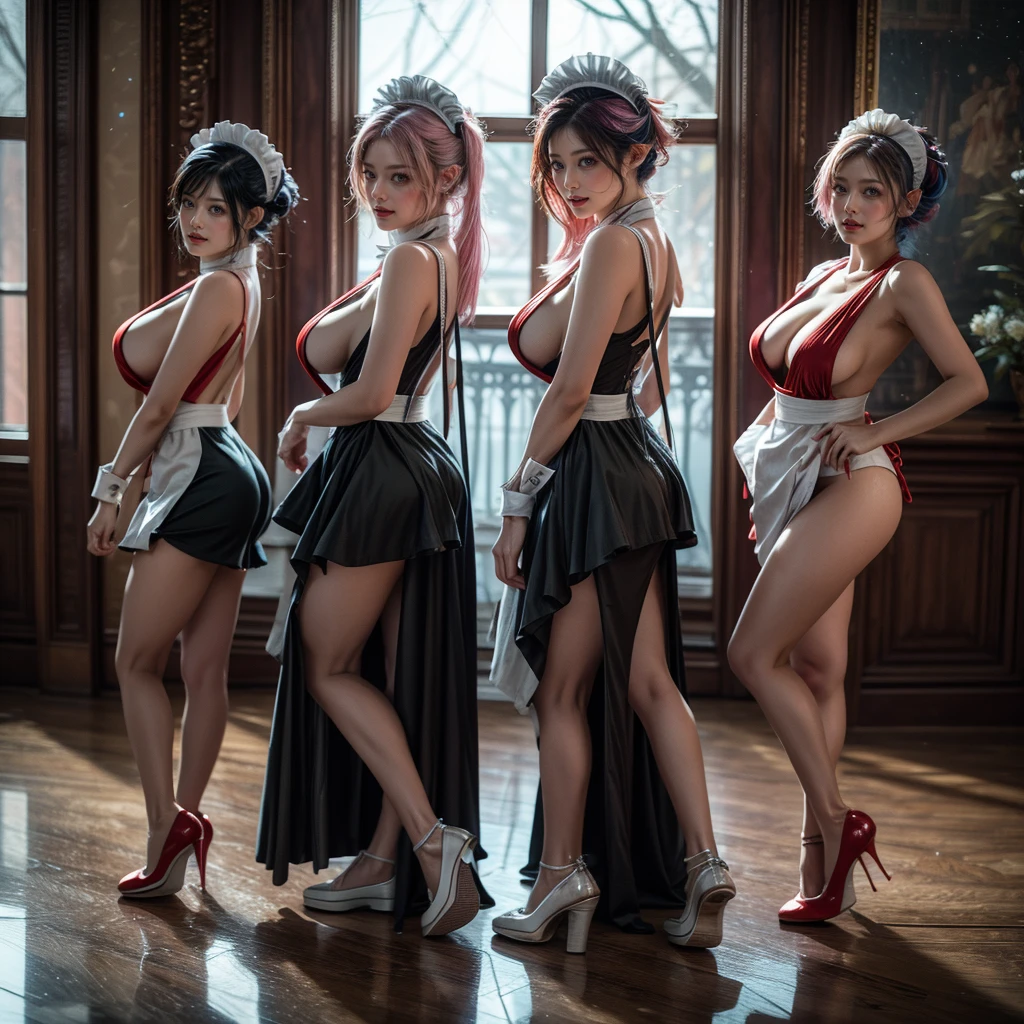 (Full Body of Extremely Detailed((Sexy Maid Group in a row:1.37))), KAWAII perfect face with Reflective Eyes, Detailed(Delicate Clothing textures), Correct Graceful Legs, Dynamic Joyful Expressions LifeLike Rendering, Specular Reflection of mirrored floor, TopQuality 8K Ultra-detailed masterpiece (ProfessionalPhoto:1.37), (Acutance:0.8), (Luminism:1.28), Renaissance art style, Portraits, Colorful Light particles, (Full body from side) {MicroMini Skirt|Kissing Face to Face|Thigh Gap|Cute Peach AssFocus|(NakedApron with (Overflowing Sideboob))}, Radiant Fine Skin with Transparency, (Exposed:0.4) {Pink Hair|LightBlue Hair|Blonde|Pure White Hair|Liquid Hair|Red Shoes}, Perfect Lighting