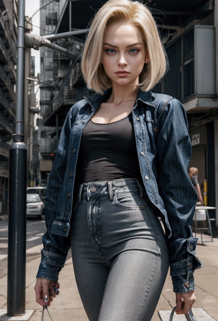 A hyper-realistic human version of Android 18 from Dragon Ball Z, depicted as a stunning woman in her mid-20s with a slim and athletic build. She has shoulder-length, straight blonde hair with a side part, giving her a sleek and polished appearance. Her facial features are striking, with high cheekbones, a sharp jawline, and piercing blue eyes that convey a cool, confident, and slightly aloof demeanor. Her expression is calm and collected, with a hint of a smirk that reflects her self-assured nature. Android 18 is dressed in her signature outfit, a denim jacket over a black shirt with white stripes on the sleeves, a denim skirt, black leggings, and brown boots. The outfit is slightly modernized to fit a contemporary setting, with subtle details that highlight her stylish yet practical sense of fashion. She stands in an urban environment, such as a city street or industrial area, with a moody, overcast sky in the background. The image is captured in a high-definition photographic style, with sharp contrast, vibrant colors, and a slightly cinematic feel, making Android 18 appear as lifelike and realistic as possible.