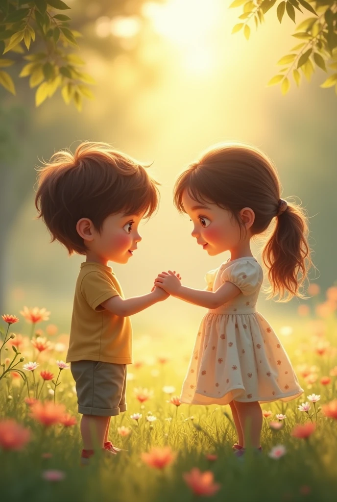 A boy is touching a girl hand