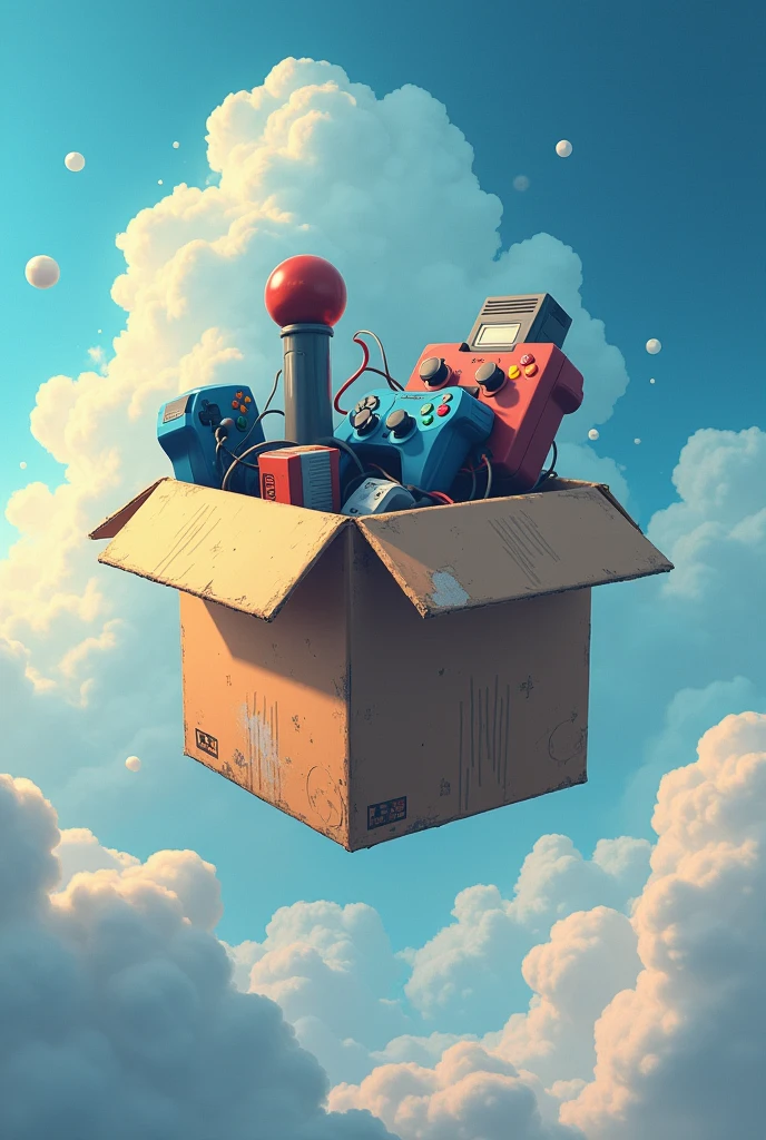 create a logo with electronic games inside a cardboard box in the clouds