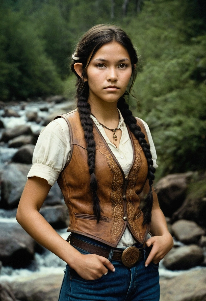 analog film photograph, photo of a modern Sioux woman, 18-years-old, long, amazonian stature, toned hourglass figure, busty breasts, narrow waist, full wide hips, big round buttocks, wearing a buckskin vest and slim jeans, tan complexion, amber eyes, dark hair, shaggy choppy layers, posing in front of a mountain river, RAW Photograph, dslr, soft lighting, high quality, film grain, Fujifilm XT3, detailed skin with visible pores, insane details, masterpiece, 8k, 35mm photograph, dslr, kodachrome, faded film, desaturated, grainy, vintage, Lomography, stained, highly detailed, found footage, close-up shot, elven ears