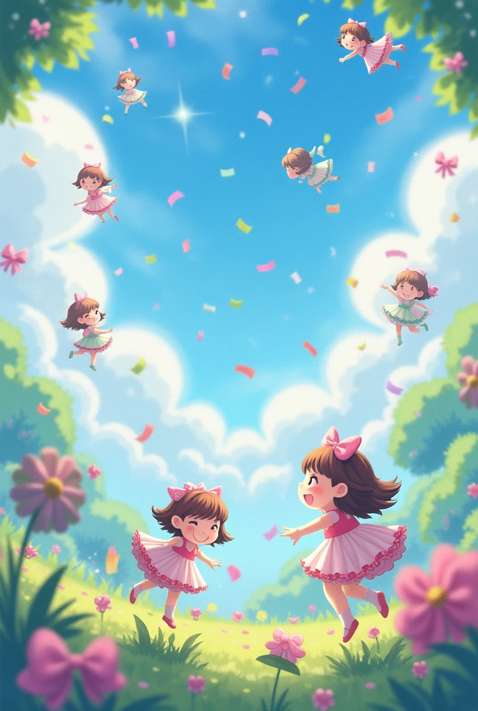create a kawaii style image of the world of bows with clouds and trees and a rain of bows, where many little princess girls play.