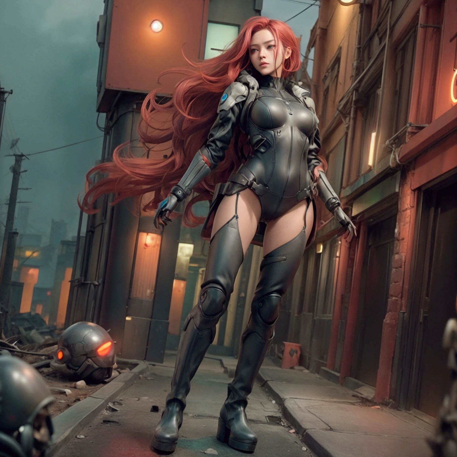 whole body, Shot from above at a wide angle、A futuristic figure is seen flying gracefully through the sky.. The model is in an impressive flying pose, He looks up with a slightly annoyed expression.. Her left arm is mechanical, It's seamlessly integrated into her stylish body, Black futuristic suit. She is wearing an oversized black raincoat and platform boots., Uses realistic textures that catch light. Her hair is fluttering in the wind, The scene is backlit to enhance its intensity.. Under, The dark streets are illuminated with red neon lights, Uses a strong contrast between red and black tones, Add mood, dystopian atmosphere. The strong contrast of color and light creates a powerful visual..