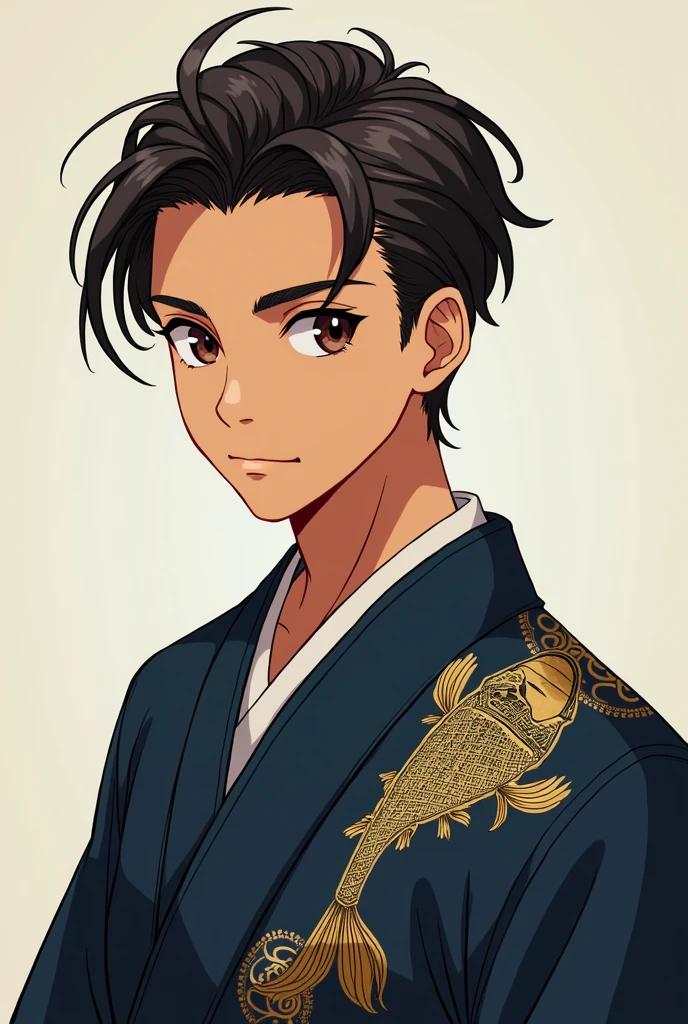 Male character Teenager with brown skin and slicked back hair, dark brown eyes, wearing a dark blue kimono with a gold fish print, anime styling