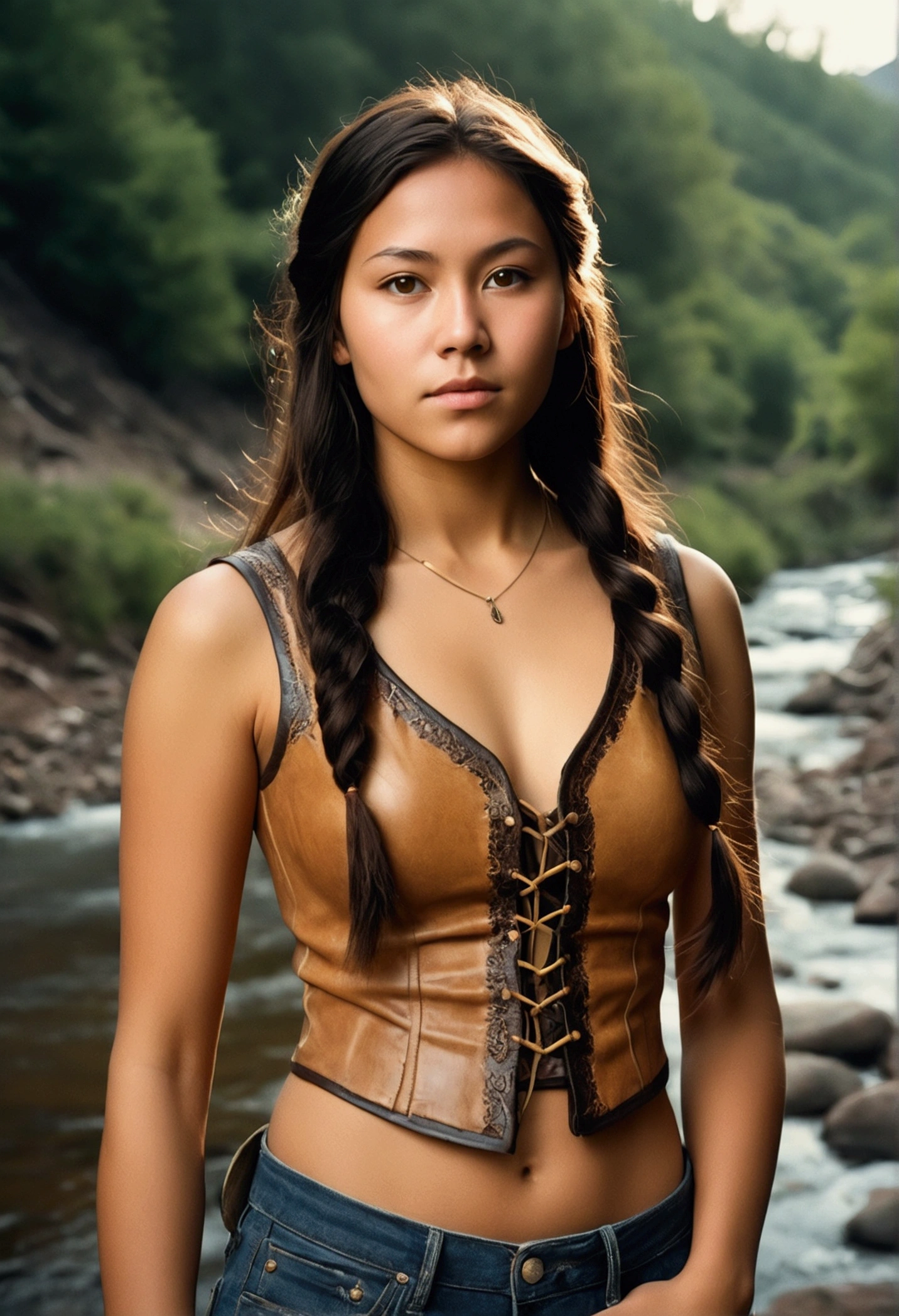 analog film photograph, photo of a modern Sioux woman, 18-years-old, long, amazonian stature, toned hourglass figure, busty breasts, narrow waist, full wide hips, big round buttocks, wearing a buckskin vest and slim jeans, tan complexion, amber eyes, dark hair, shaggy choppy layers, posing in front of a mountain river, RAW Photograph, dslr, soft lighting, high quality, film grain, Fujifilm XT3, detailed skin with visible pores, insane details, masterpiece, 8k, 35mm photograph, dslr, kodachrome, faded film, desaturated, grainy, vintage, Lomography, stained, highly detailed, found footage, close-up shot, elven ears