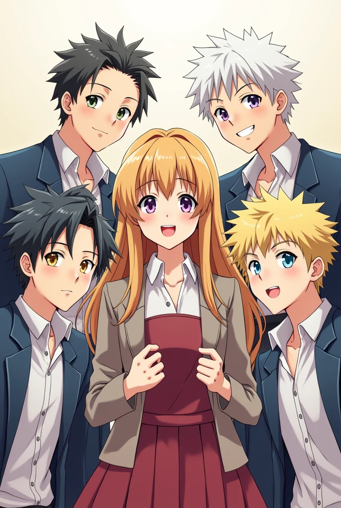 5 anime boy and one girl with a friendly distance in a group pic with Japanese school uniform all boy have difference among them I need one girl first boy on left side he have a cap on his head and on the left side of the girl he have spiky hair golden and the girl is so cute and the right side of the girl have white hair and white eyes and at last the right side of the picture he have look like oreki all the characters have many differences among them