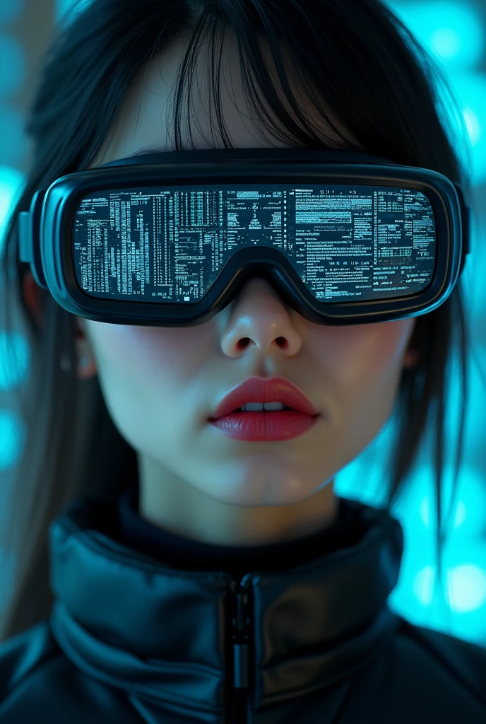 (masterpiece:1.2,excellent quality,Like a mirror,cinematic experience),8K,wallpaper,Ray Tracing,(Miss),Standing,(美しいMiss,Sexy),(Wearing futuristic cyber goggles:2.0,Data displayed on the goggles:2.0,Goggles detailed diagram:2.0),(A face that pays attention to detail,Delicate skin texture,Beautiful Skin),(Looking at the camera),(front),(Close-up of face:2.0),(Server Punch:2.0),(The background is a wall of data:2.0),(Glossy lips:1.5)