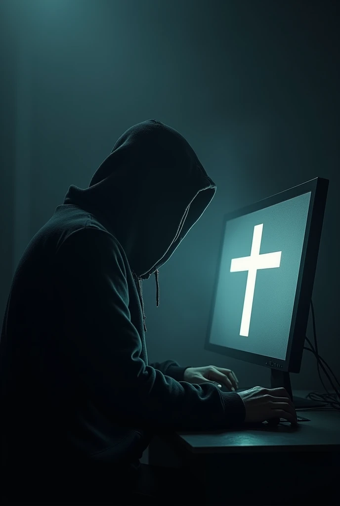 a man in a hood in a dark room in front of a computer on the computer screen there must be a Christian cross