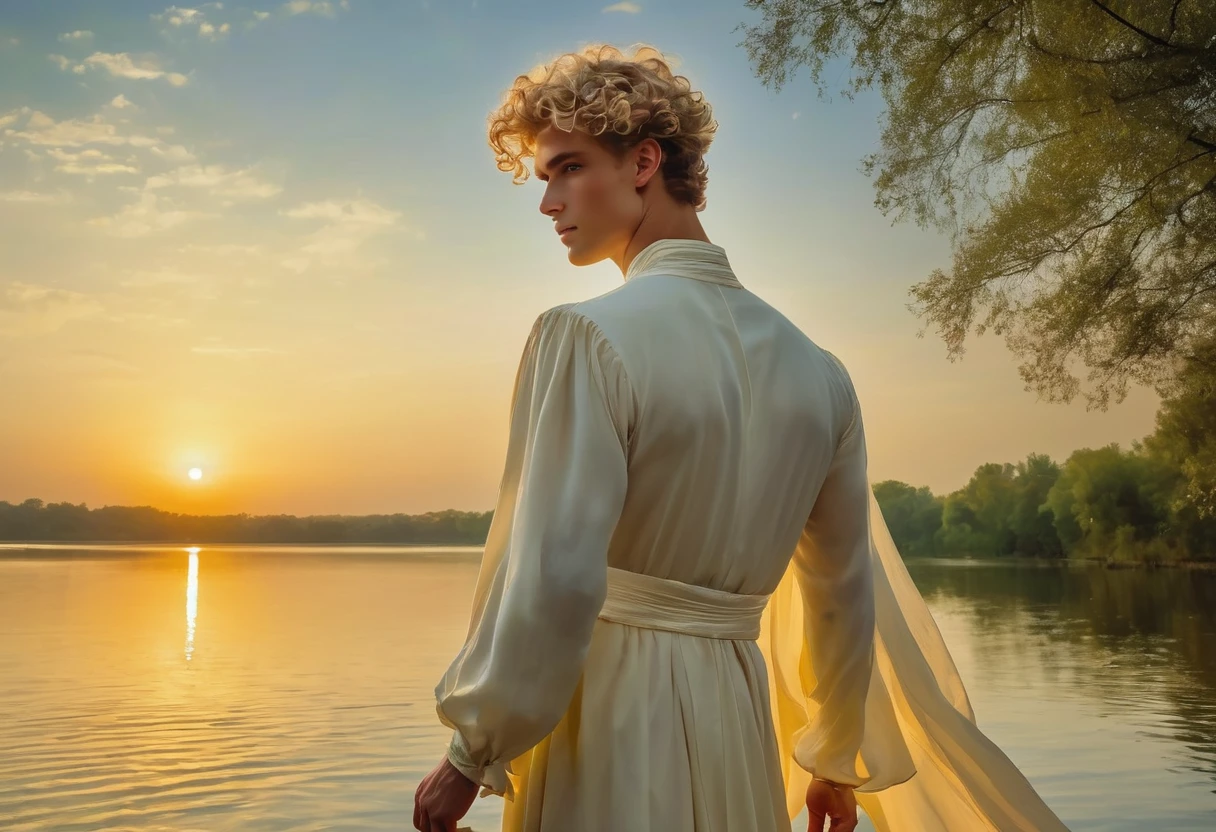 candid an full body photo of prince charming, 2 male supermodel, attractive and exotic, short curly blonde hair, a masculine appearance with slender smooth body, delicate and symmetrical face, natural olive skin tone, pose standing on lake,looking at sky, back angle view,  inspired by Irises by Vincent Van Gogh 18, he is wrapped in classical drapery sheer pastel color fabric, with flowing dramatically in the strong wind, some fabric to billow as if caught, The composition include mythological elements, such as a backdrop of a serene with a golden sunrise and nymphs to frame the scene. Illuminate the scene with soft diffused lighting to create a dreamlike, celestial atmosphere, capturing the delicate interplay of light and shadow on his face and body. ((full body shot)), wide-angle lens on a high-resolution DSLR camera to capture the grandeur and intricate details of the setting, while shooting from a dynamic angle to emphasize the model's majestic presence. The overall mood should blend the classical elegance of Botticelli's work with a modern, high-fashion aesthetic, producing an image that feels both timeless and contemporary, adding the Two Cherubs in the sense to balance and harmony the photo, evoke the soft ethereal quality of the Renaissance style, POV, raw photo, ((masterpiece)), ((best quality)), High Resolution, (ultra_realistic), (photorealistic), (NSFW), ((Pay attention to the layer and arrangement of body and surrounding)), ((Pay attention to the body composition)), ((Correct body structure)), ((Correct distance)), romantic atmosphere, lively extremely Gorgeous background,