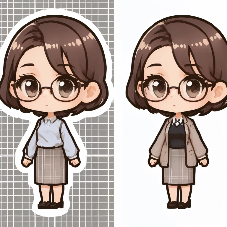 A girl with glasses and a skirt, One character's whole body, Full-length portrait of a character, Short Hair, Cute Characters, Single character, Chibi Style, Anime-style characters, Full body character, flat anime style, Chibi Girl, Anime Moe Art Style, Official character illustration, Cute art style, Mr.々A pose, Full body character design, Nendoroid-like style