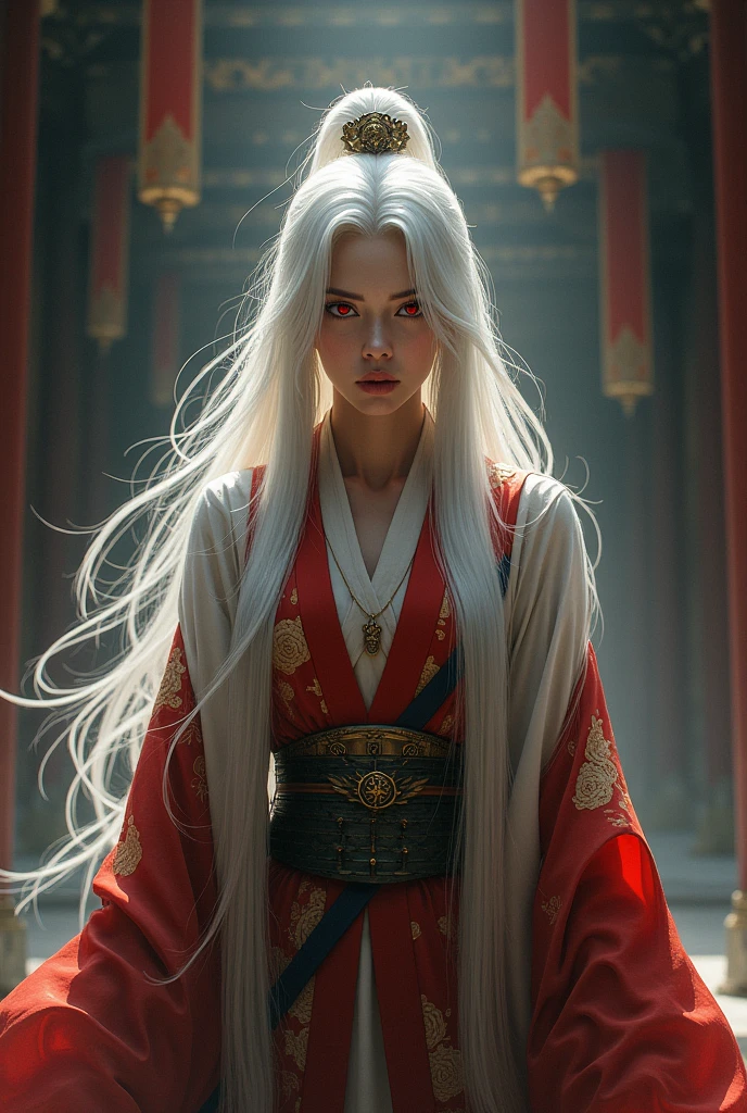 A white-haired woman, with red eyes and a Chinese-style robe, her face was a bit nervous because she wanted to enter the academy