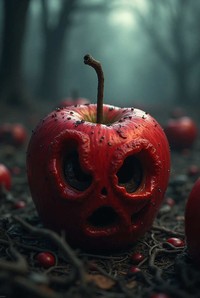 an evil apple with a sewn on leather face and wide open mouth full of sharp teeth attacking forward 