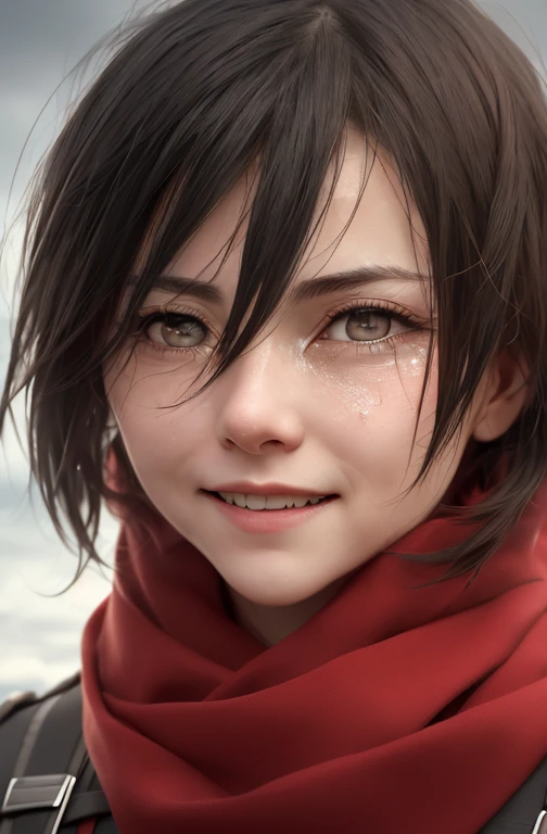 smiling tenderly with tears in her eyes, crying, happy crying, (smiling with closed mouth), (tilting head slightly to one side),  masterpiece,best quality,1girl,mikasa_ackerman,Red scarf,sky,gloomy,sinister gang,butyric,Minimalism,Impact art,ruins,black eyes,close up