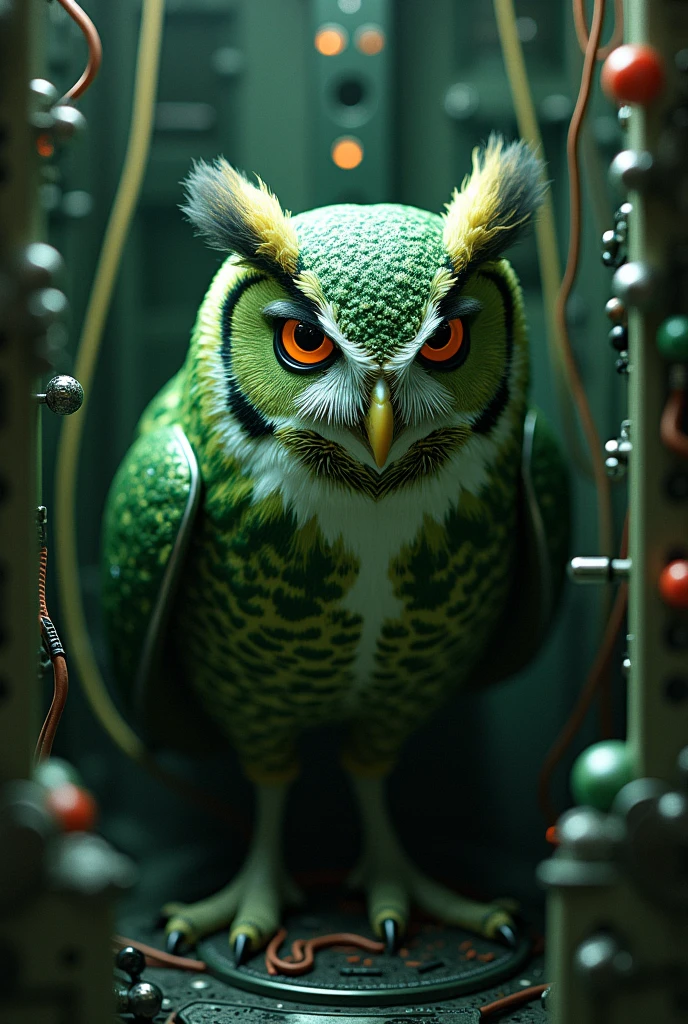 Create an image of a green owl emerging from a technological maze, with wiring