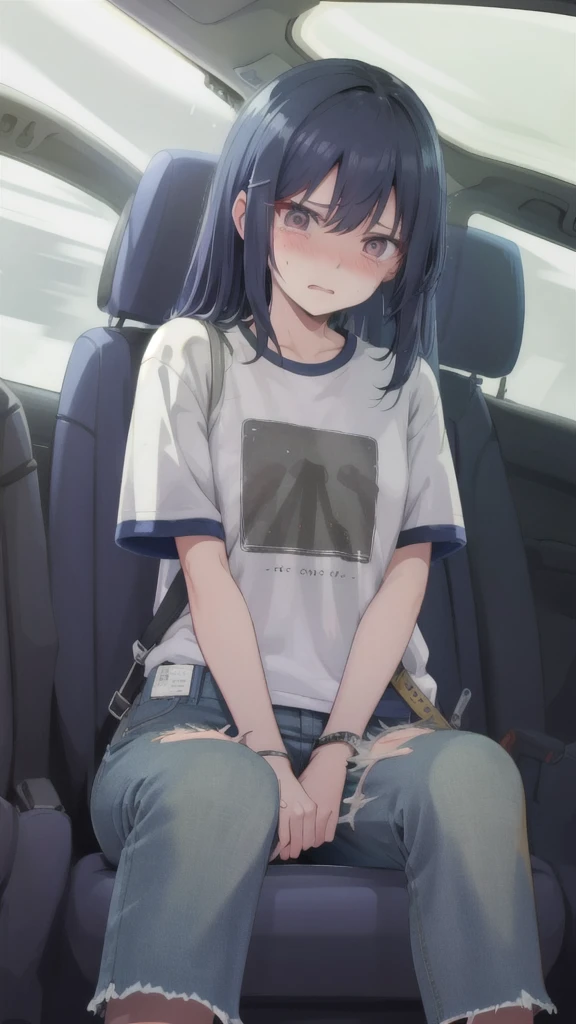 One person, alone, Sitting in a car, despair, Hold the crotch, Jeans Shorts, T-Shirts, Worried, (tears:0.7)