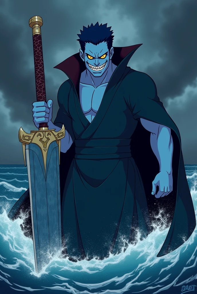 Create a Disney Classic-style version of Kisame Hoshigaki. He has a striking, shark-like appearance, with deep blue skin and prominent gills on his face, giving him a distinctly aquatic look. His eyes are small, sharp, and a piercing yellow, exuding a sense of danger and intensity. Kisame’s facial features are exaggerated, with a broad, toothy grin filled with sharp, white teeth that give him a menacing yet slightly mischievous expression. His short, spiky hair is a deep navy blue, matching his skin tone, and is styled to resemble the rough texture of shark fins. Kisame is dressed in a simplified version of his Akatsuki cloak, which is deep black with red clouds, but in a more animated and flowing design that accentuates his powerful physique. The cloak billows dramatically, adding to his imposing presence. In one hand, he holds his massive sword, Samehada, which is stylized to look both fierce and slightly whimsical, with exaggerated scales and a glowing aura. The background is an ominous ocean scene, with dark storm clouds and turbulent waves, emphasizing his connection to water and his fearsome reputation.