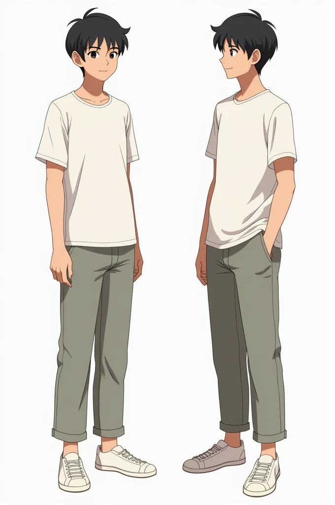 A 2D character reference for a boy in . The character has a medium build with an average height for his age. He is wearing a simple t-shirt and pants, along with white shoes. The reference includes two views: one from the front and one from the right side. The boy's facial expression is neutral, and his hairstyle is neat and short. The t-shirt is plain, without any logos or designs, and the pants are casual and slightly loose. The shoes are clean, with a simple design